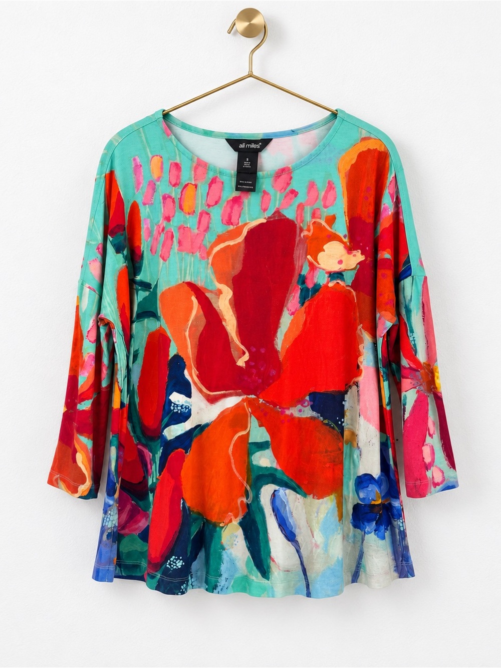 Ali Miles Floral Tunic Top Small Aqua Red Orange Stretch Artsy Boho Blouse